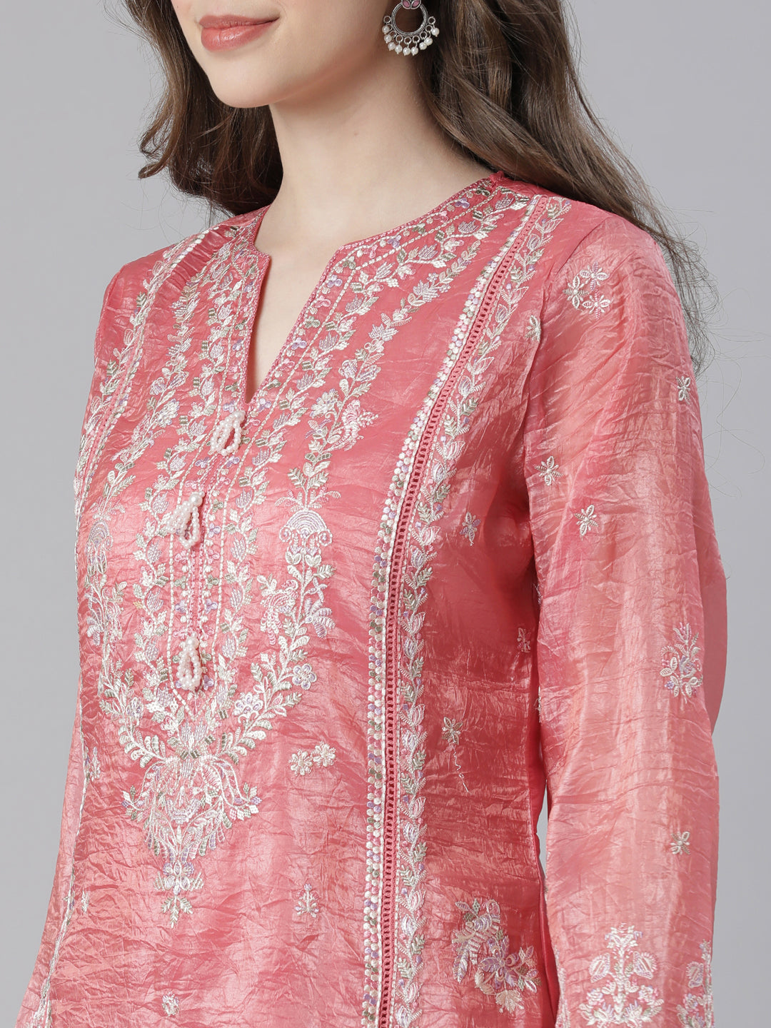 Neerus Orange organza embroidered suit set - detail view 1