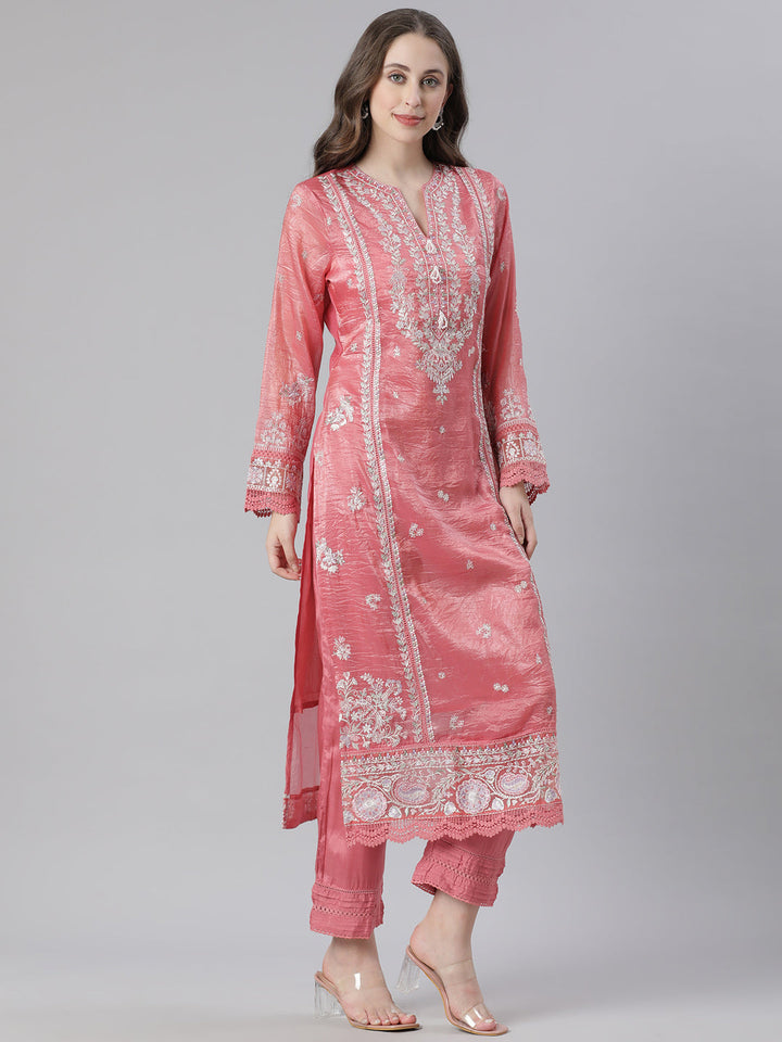 Neerus Orange organza embroidered suit set - back view