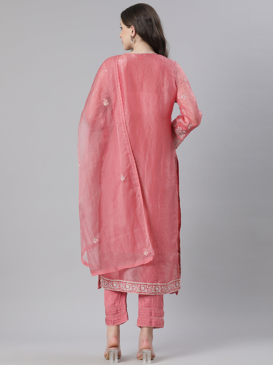 Neerus Orange organza embroidered suit set - side view