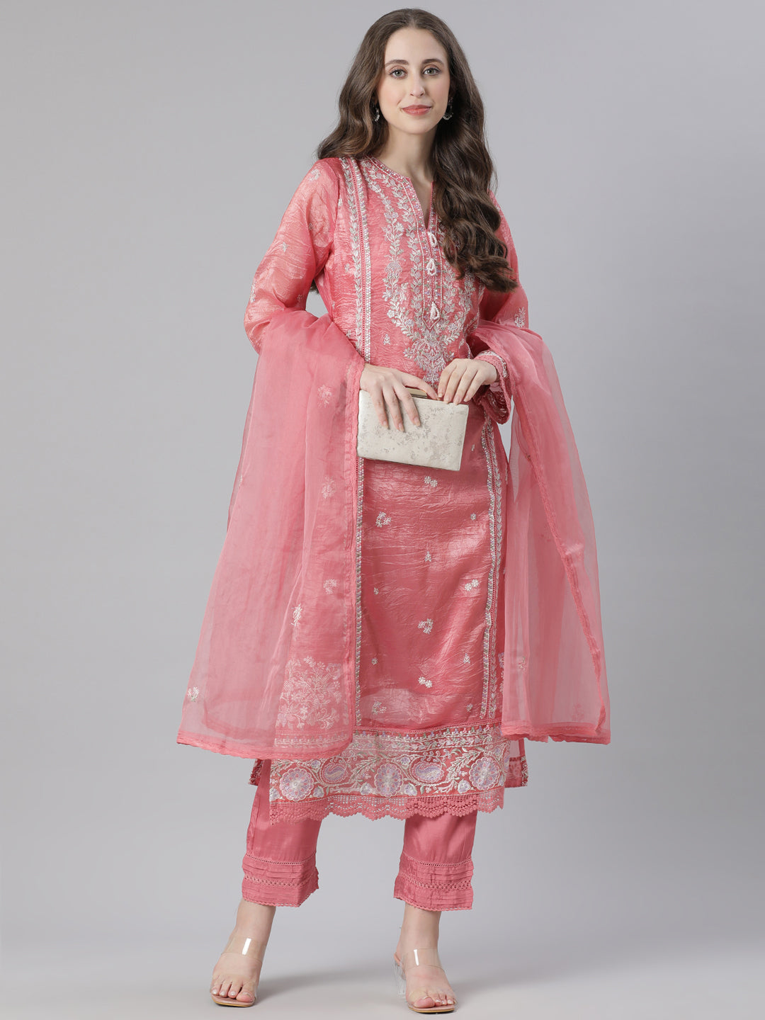 Neerus Orange organza embroidered suit set - detail view 2