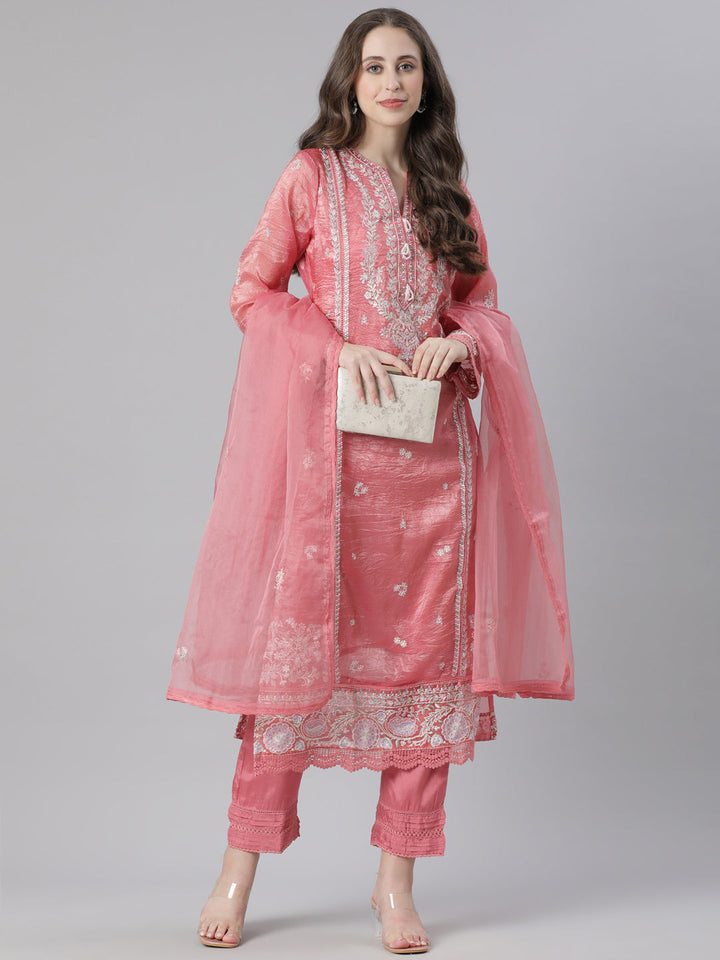 Neerus Orange organza embroidered suit set - detail view 2
