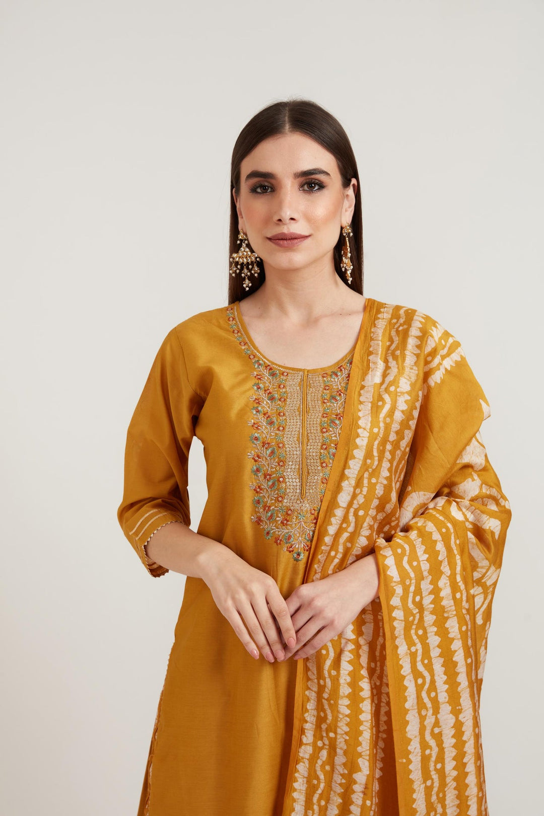 Neerus Yellow Chanderi printed suit set - back view