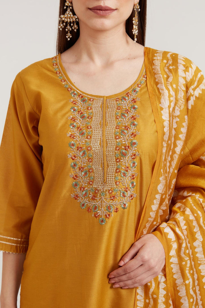 Neerus Yellow Chanderi printed suit set - side view