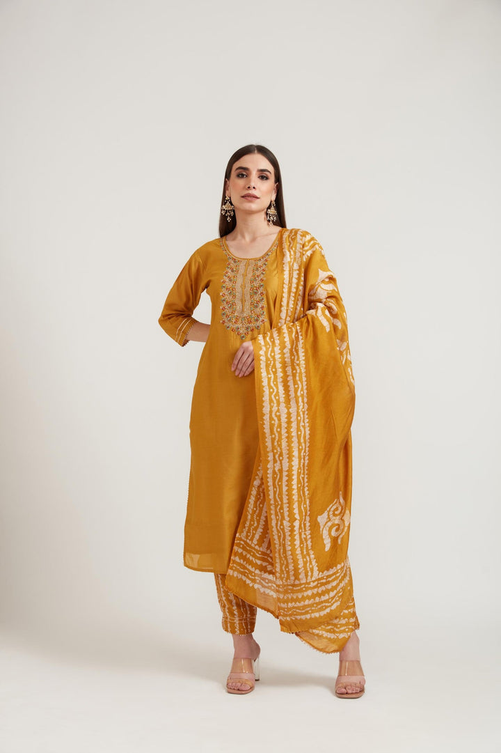 Neerus Yellow Chanderi printed suit set - front view
