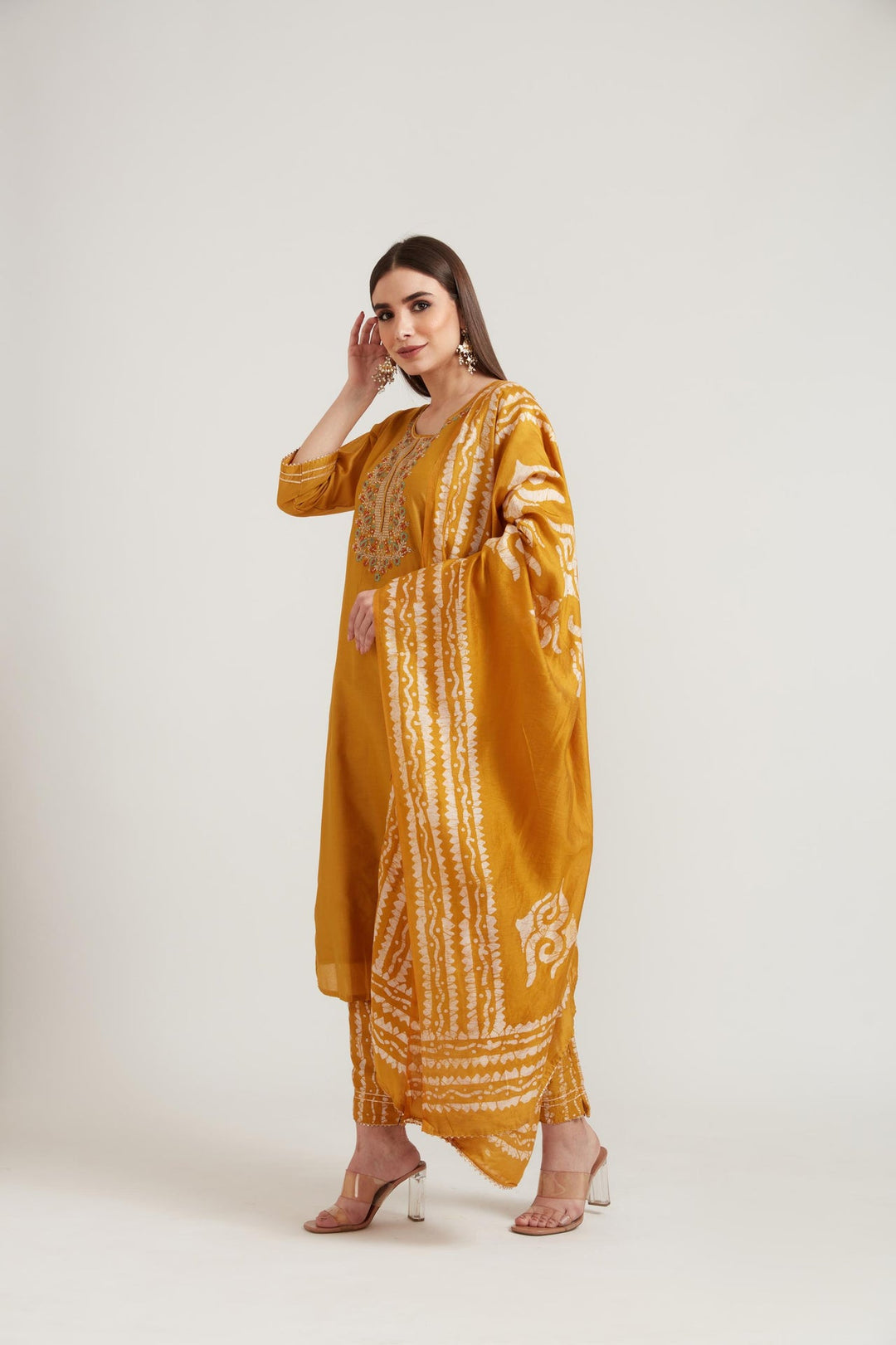 Neerus Yellow Chanderi printed suit set - detail view 1