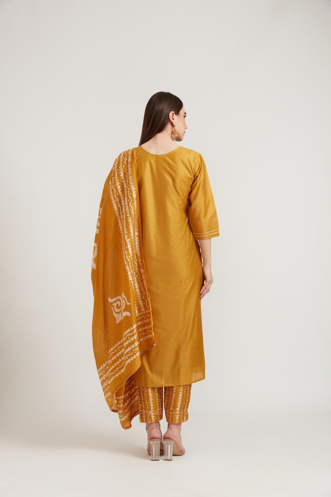 Neerus Yellow Chanderi printed suit set - detail view 2