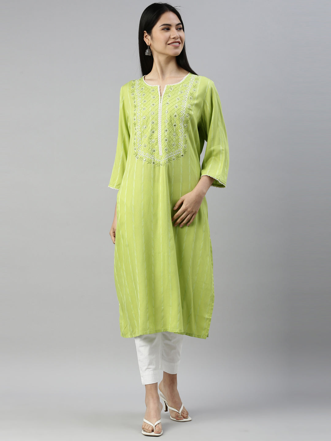 Neerus Green rayon printed kurti - front view