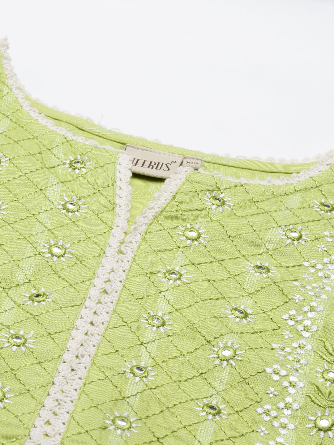 Neerus Green rayon printed kurti - back view