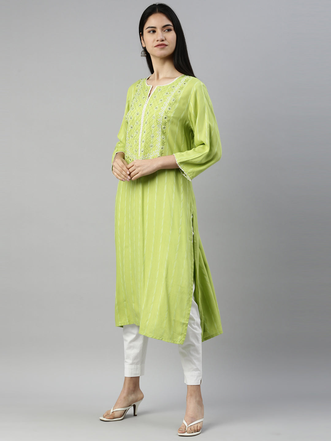 Neerus Green rayon printed kurti - side view