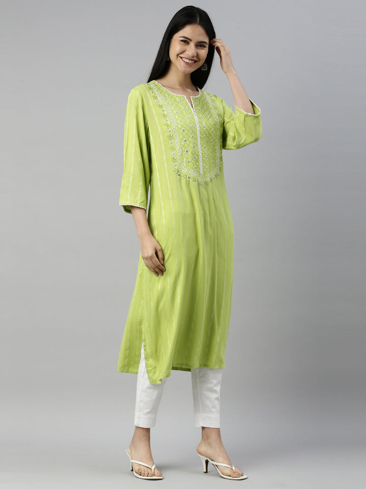 Neerus Green rayon printed kurti - detail view 1