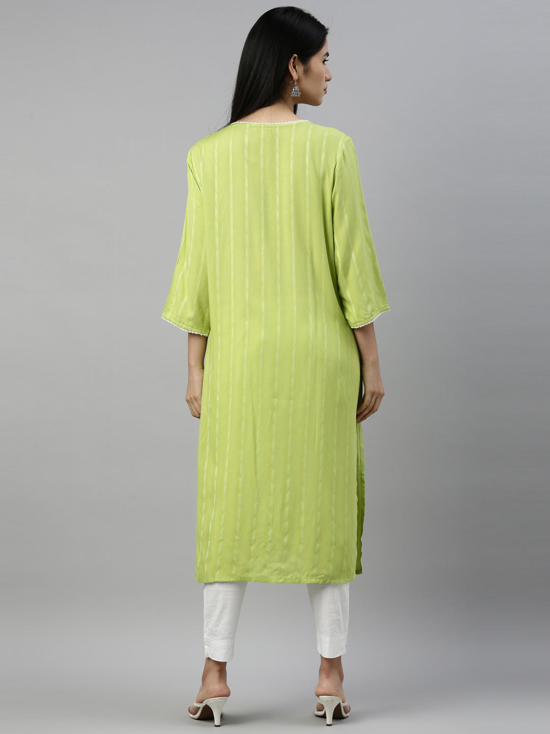 Neerus Green rayon printed kurti - detail view 2