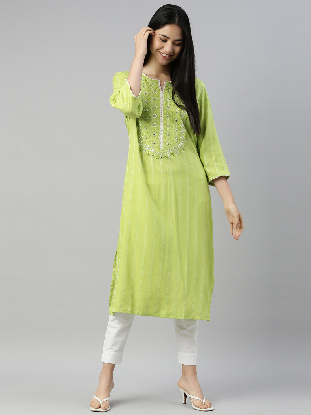 Neerus Green rayon printed kurti - detail view 3