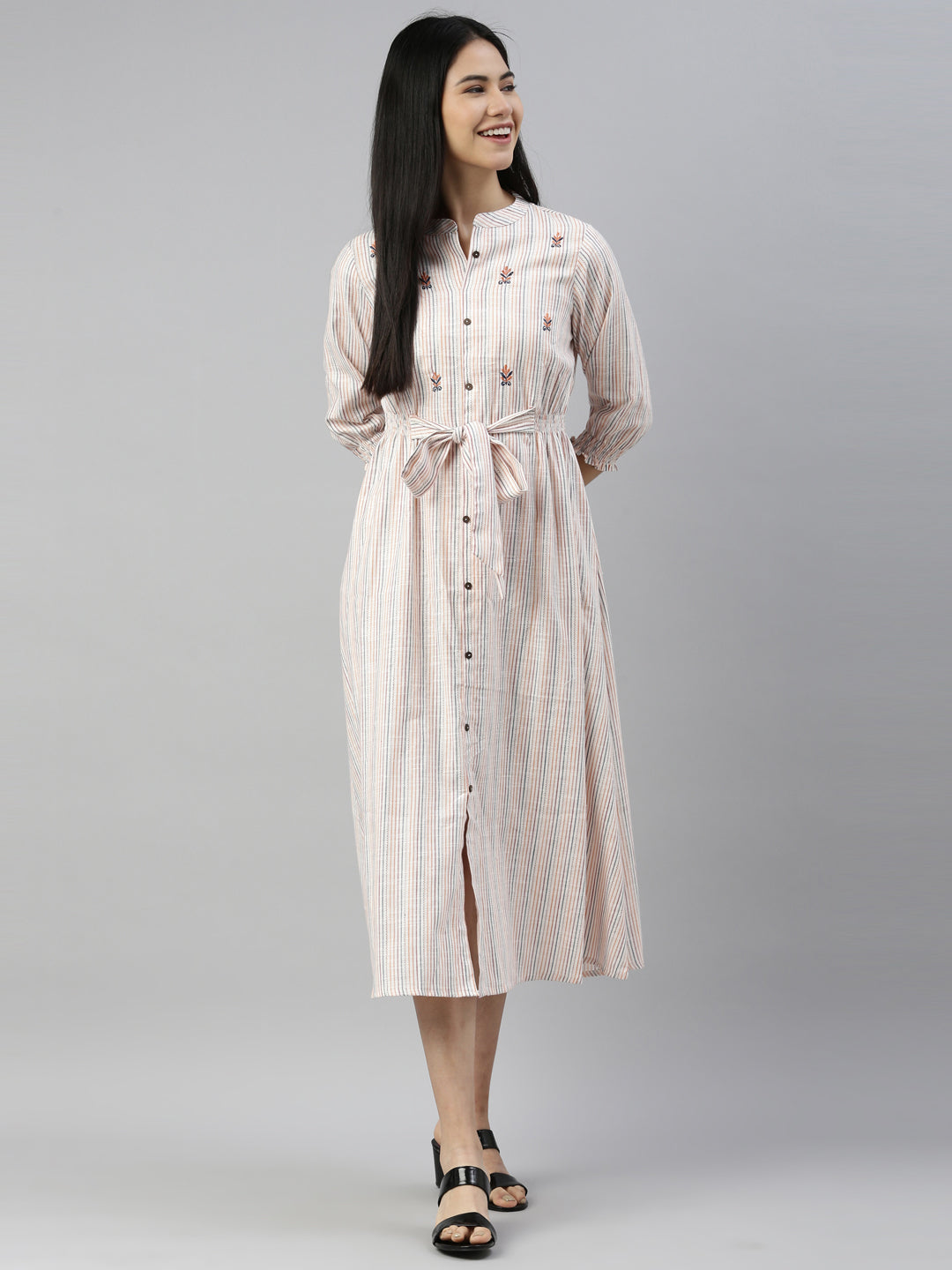 Neerus Beige viscose rayon striped kurti - front view
