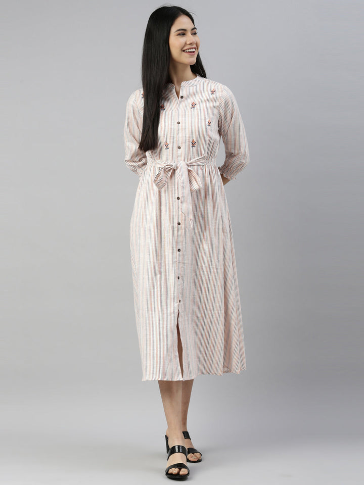Neerus Beige viscose rayon striped kurti - front view