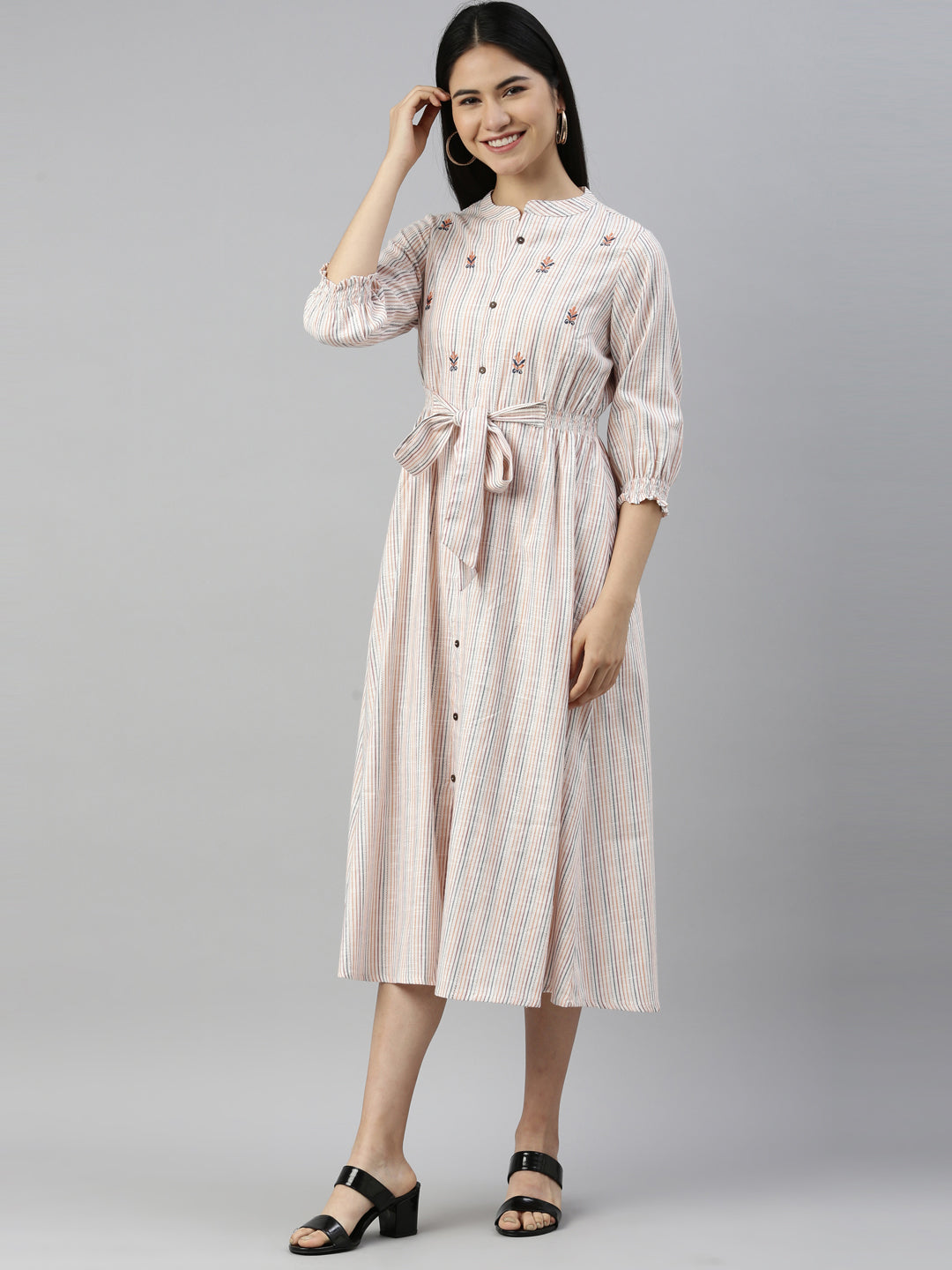 Neerus Beige viscose rayon striped kurti - side view