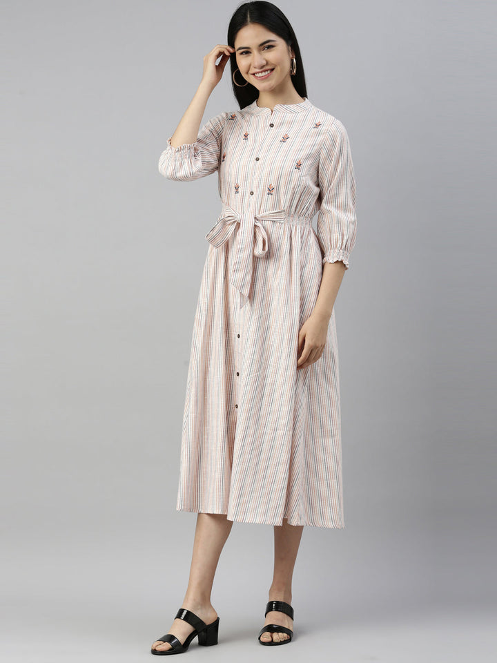 Neerus Beige viscose rayon striped kurti - side view