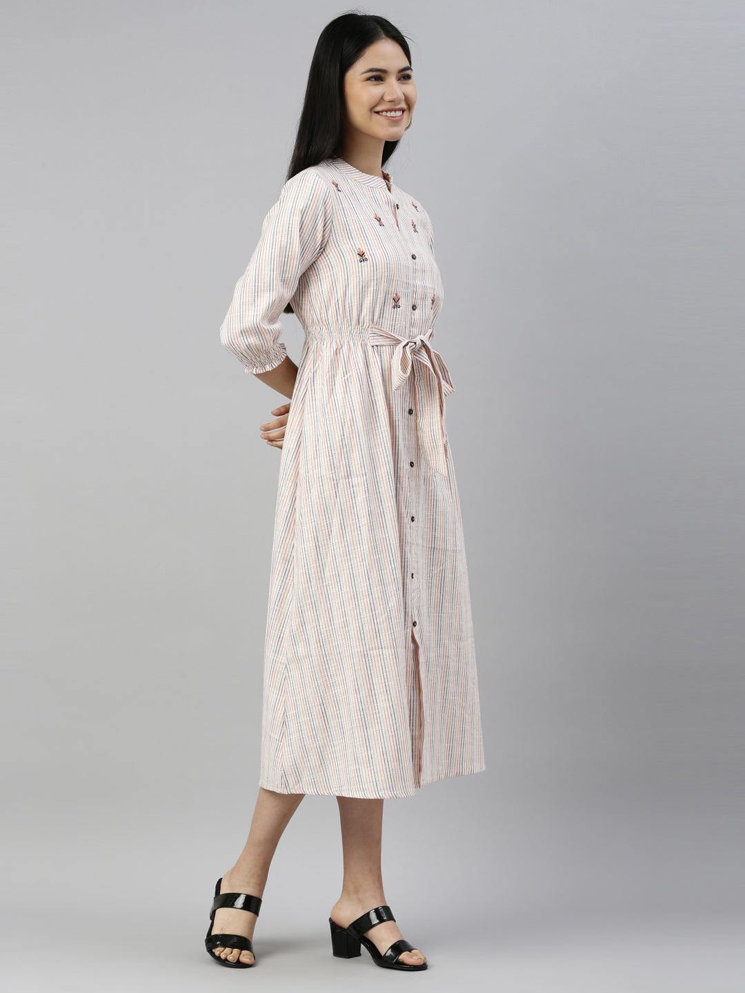 Neerus Beige viscose rayon striped kurti - detail view 1