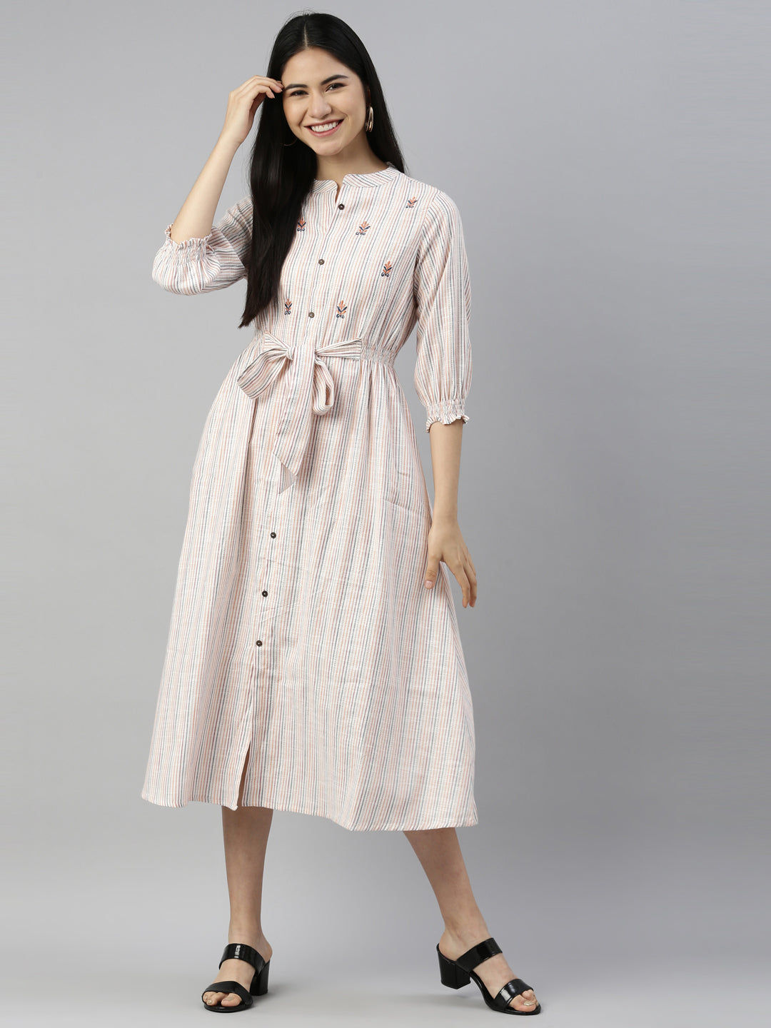 Neerus Beige viscose rayon striped kurti - detail view 3