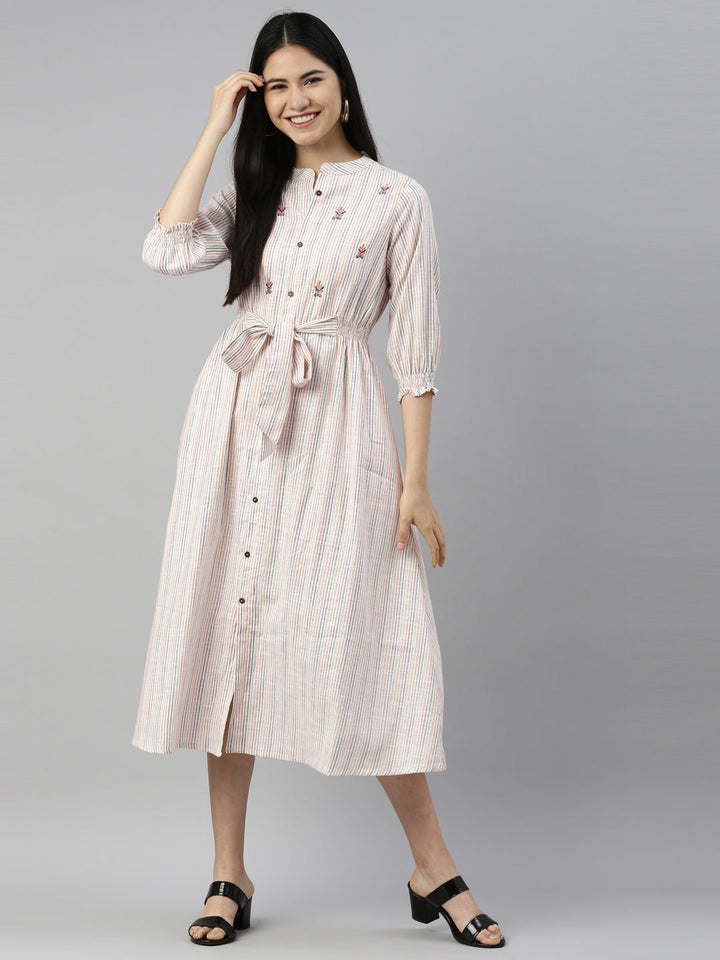 Neerus Beige viscose rayon striped kurti - detail view 3