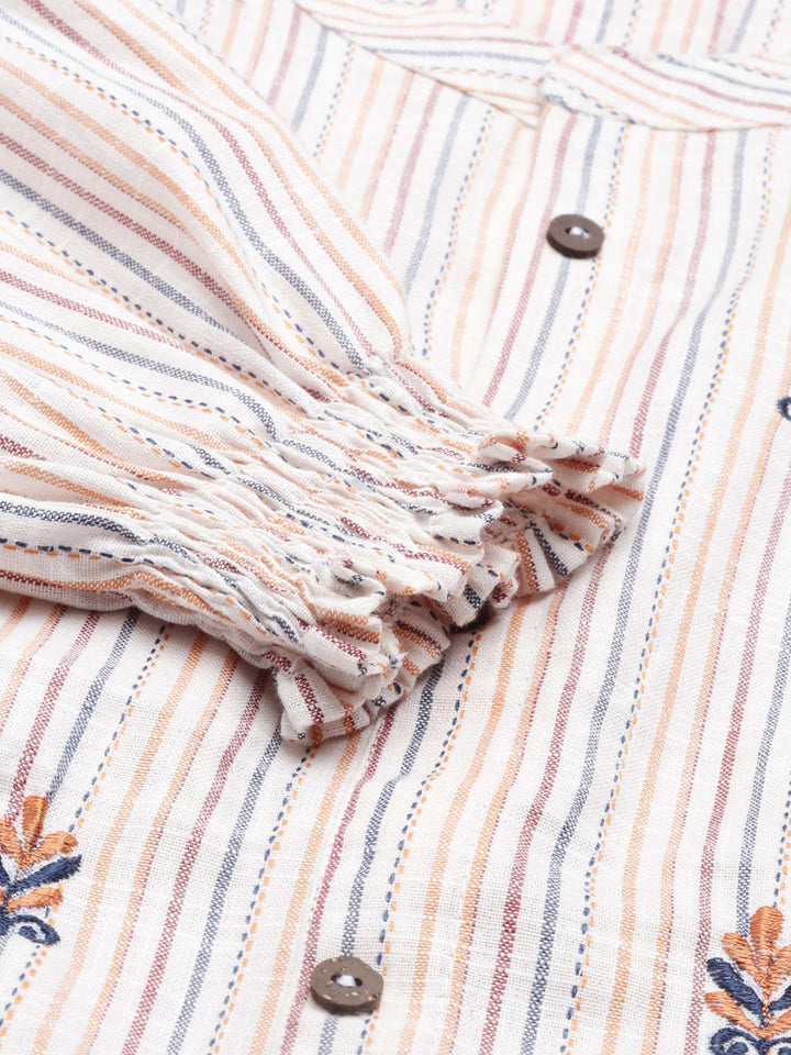 Neerus Beige viscose rayon striped kurti - detail view 4