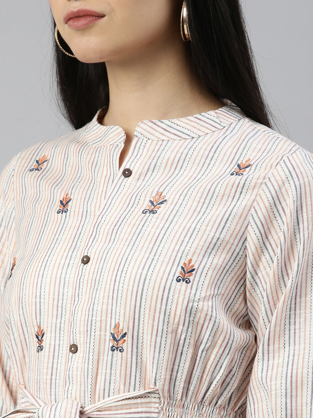 Neerus Beige viscose rayon striped kurti - detail view 5