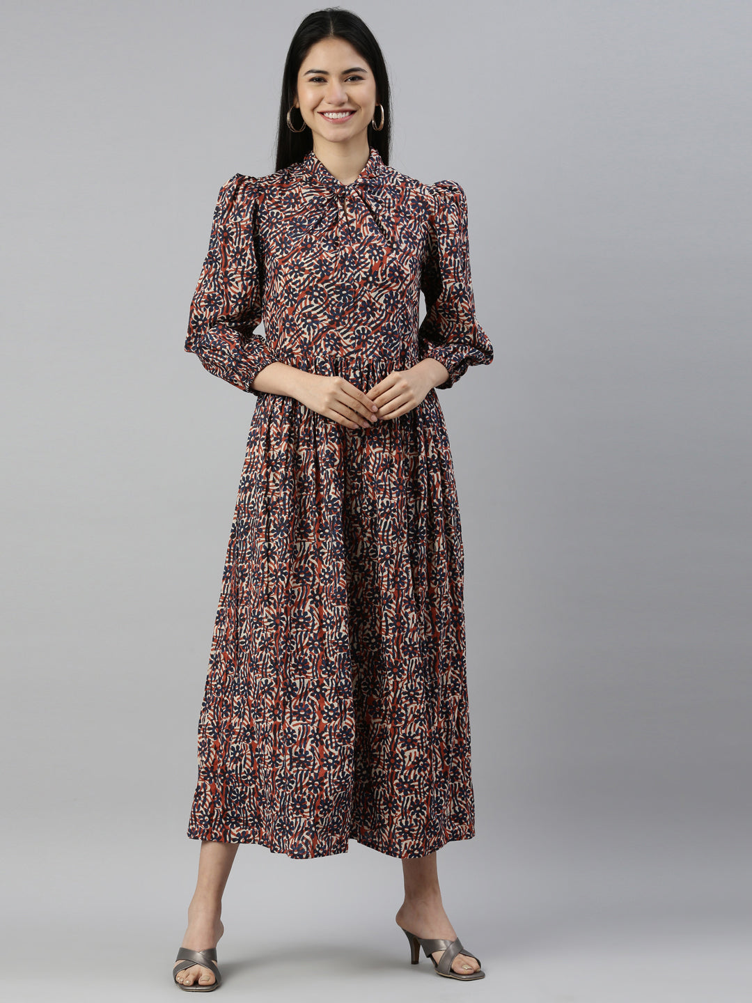 Neerus Brown cotton printed anarkali dress - front view