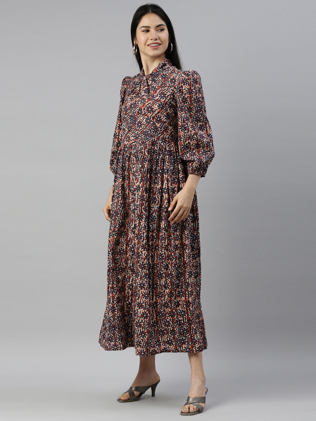 Neerus Brown cotton printed anarkali dress - back view
