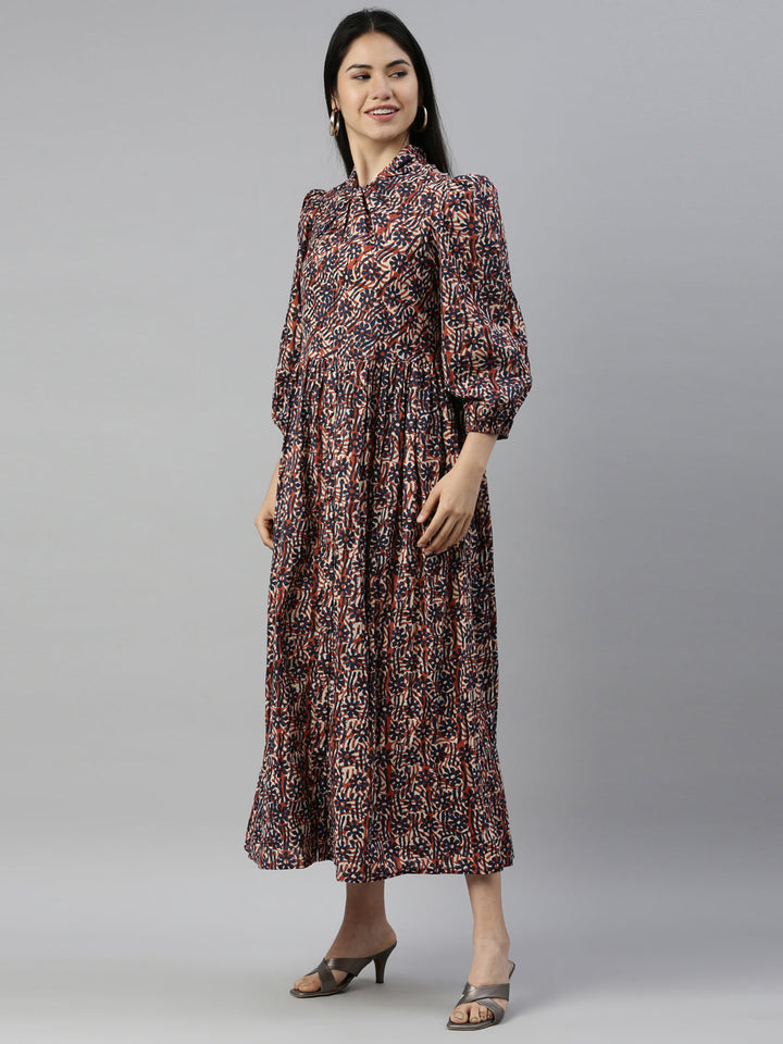 Neerus Brown cotton printed anarkali dress - back view