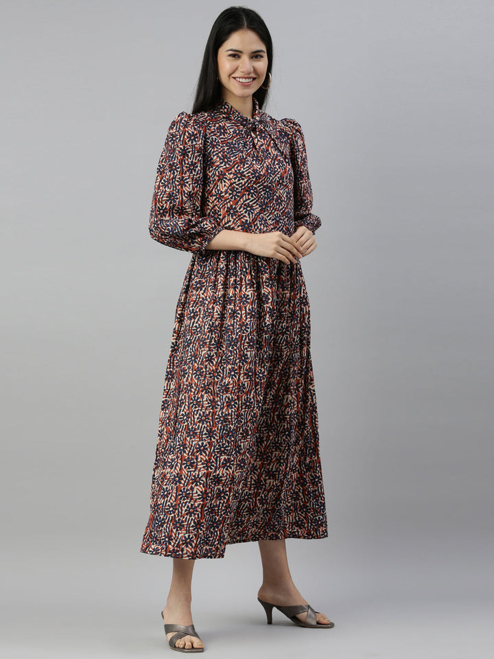 Neerus Brown cotton printed anarkali dress - side view
