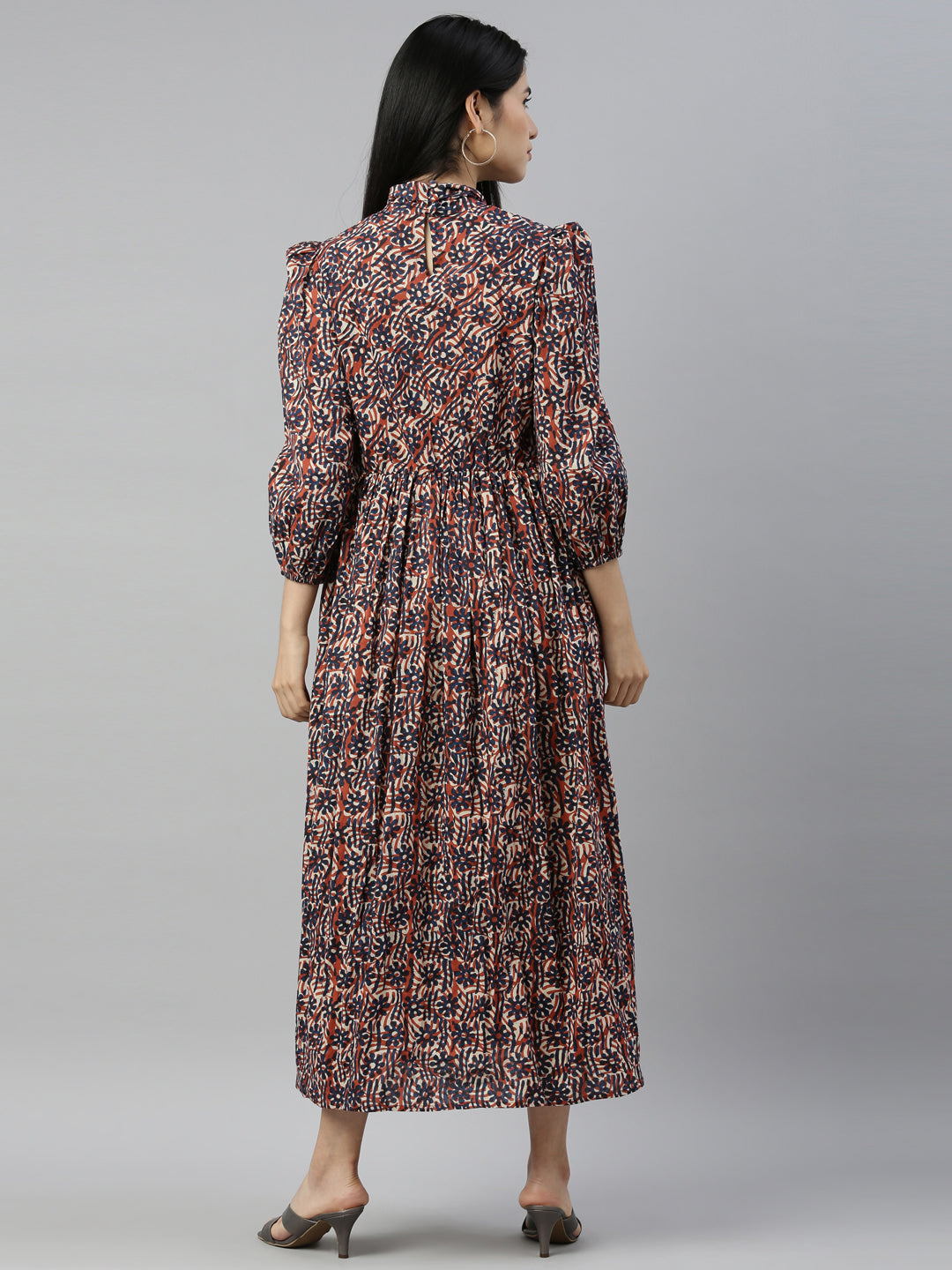 Neerus Brown cotton printed anarkali dress - detail view 1