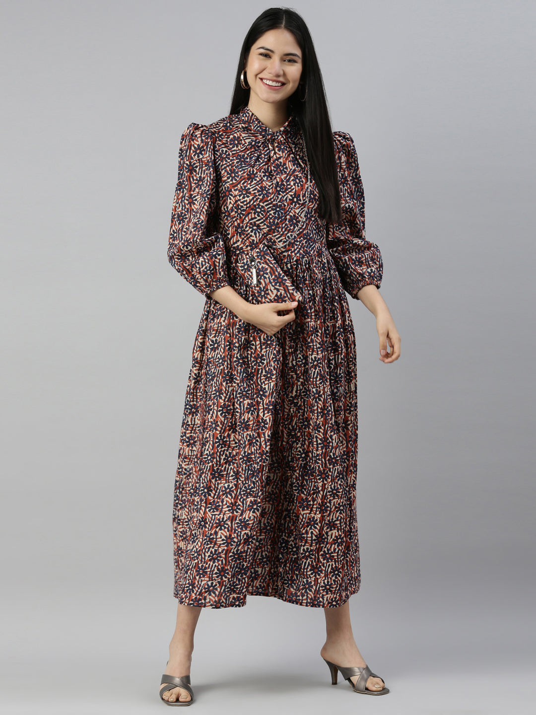 Neerus Brown cotton printed anarkali dress - detail view 2