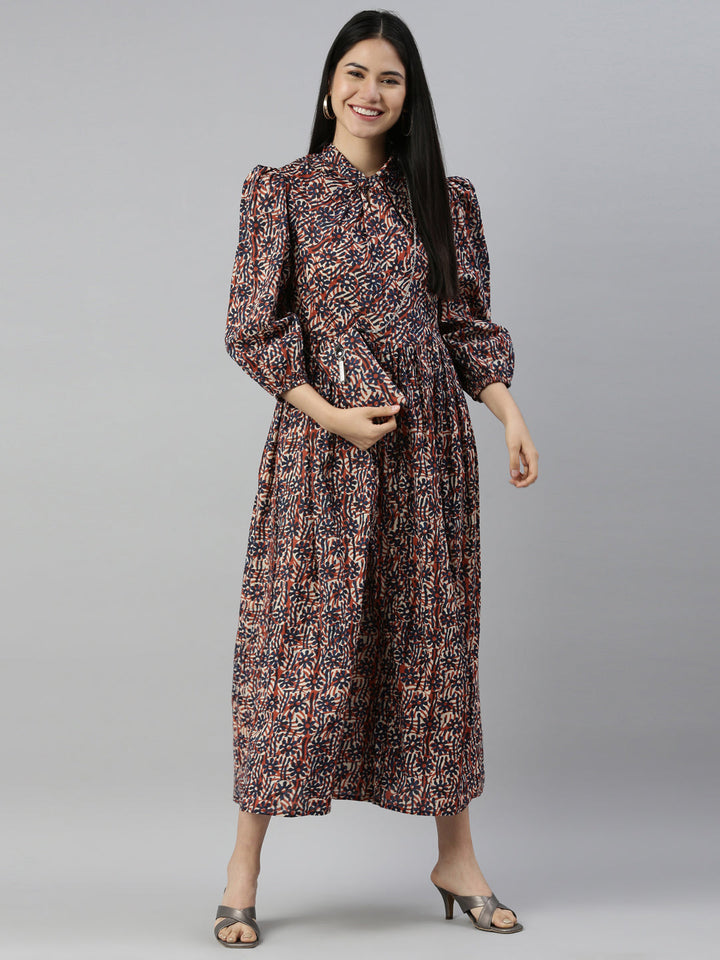 Neerus Brown cotton printed anarkali dress - detail view 2