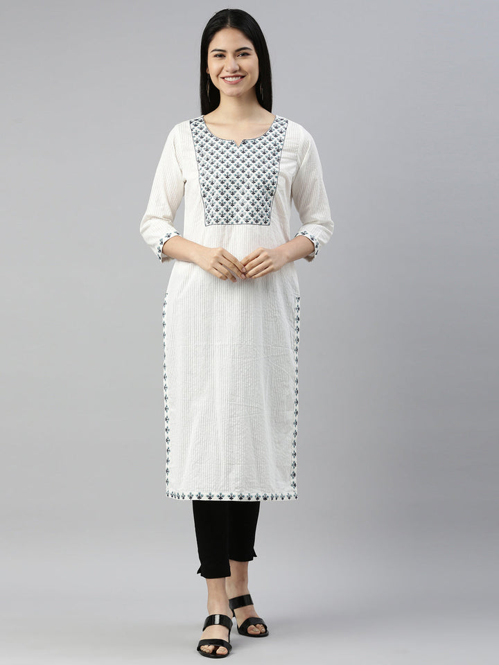 Neerus White cotton solid kurta - front view