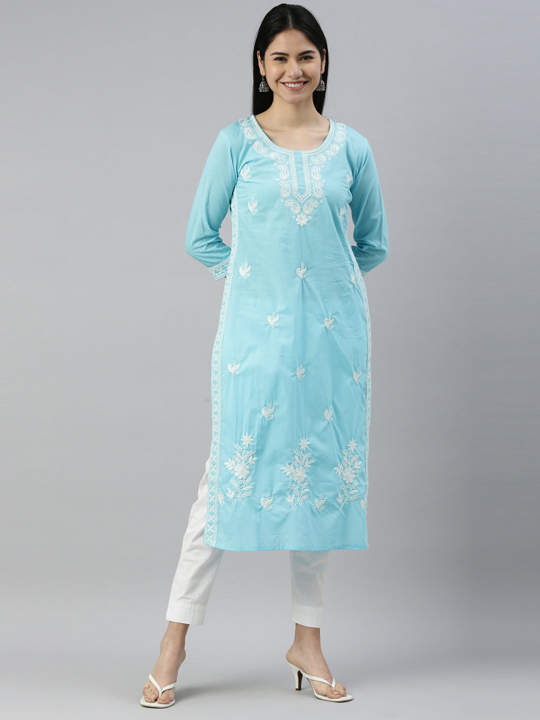 Neerus Blue cotton solid kurta - front view