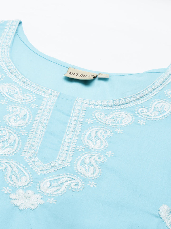 Neerus Blue cotton solid kurta - back view