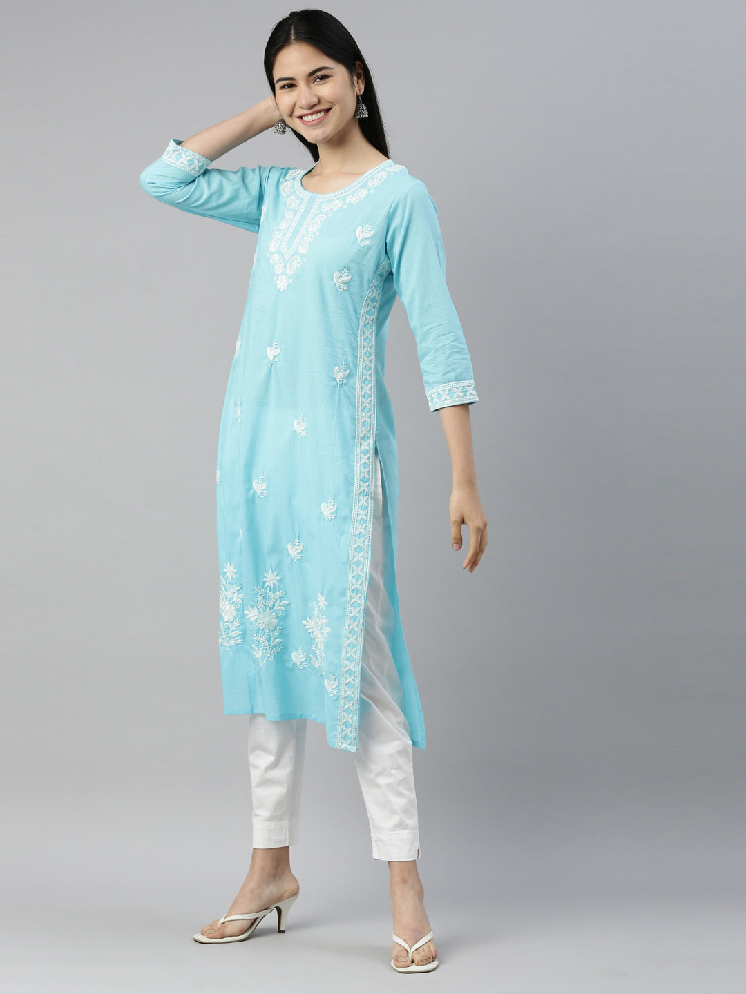 Neerus Blue cotton solid kurta - side view