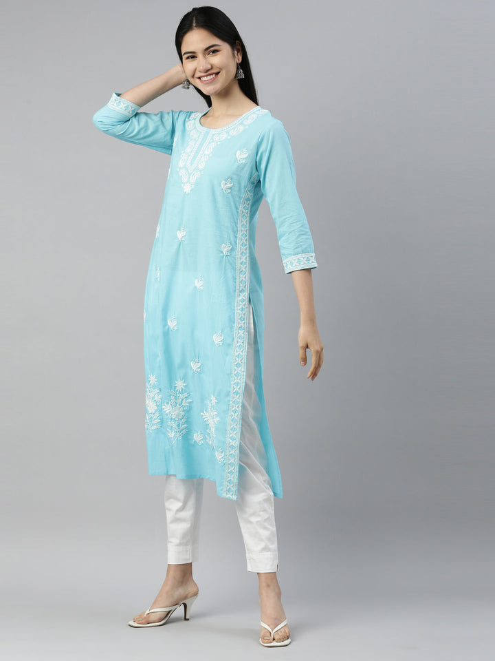 Neerus Blue cotton solid kurta - side view