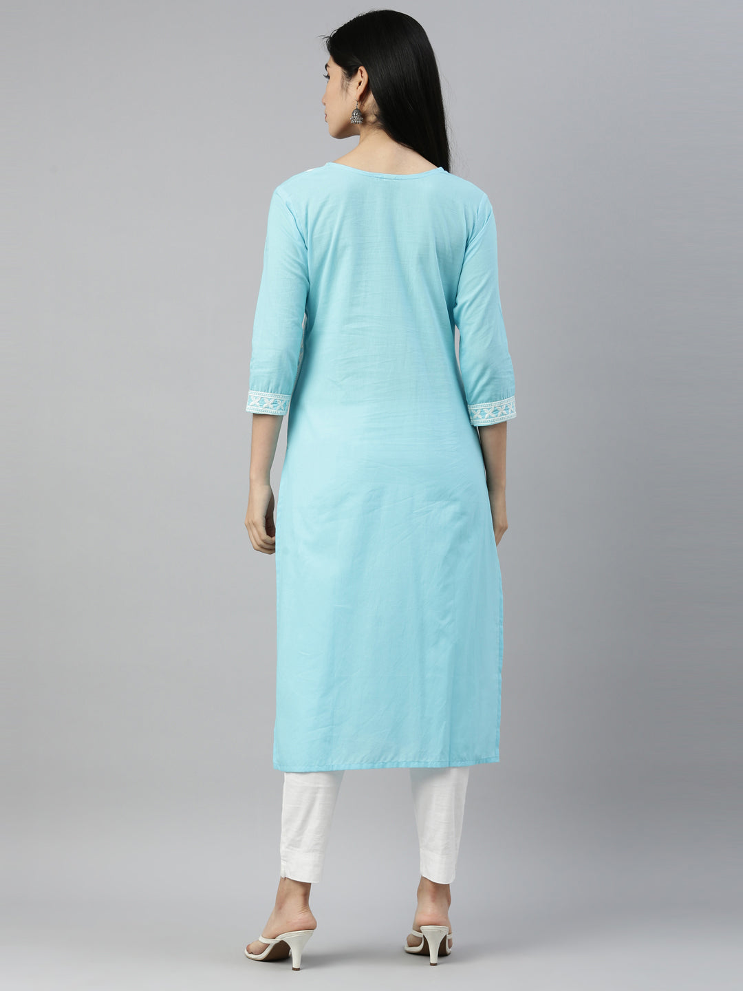 Neerus Blue cotton solid kurta - detail view 2