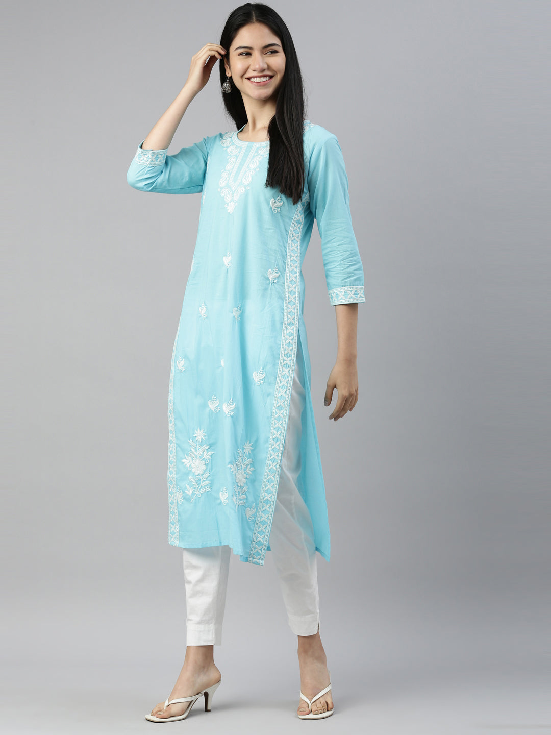 Neerus Blue cotton solid kurta - detail view 3