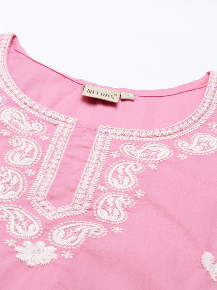 Neerus Pink cotton solid kurta - back view