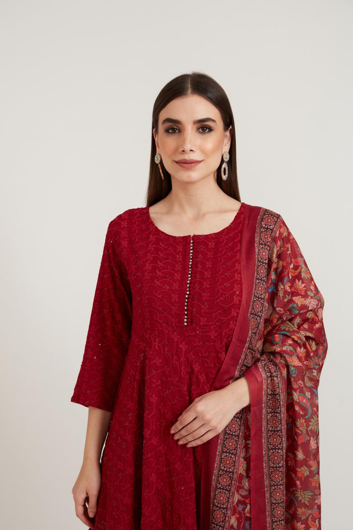 Neerus Maroon Georgette Printed Suit Set - back view