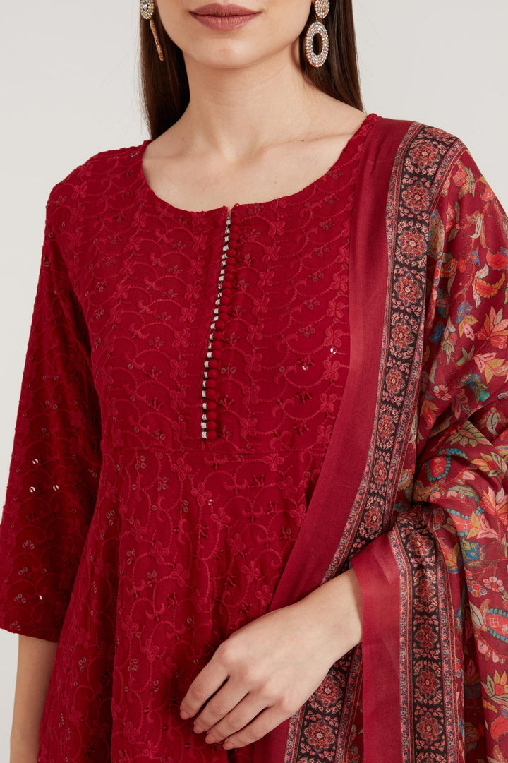 Neerus Maroon Georgette Printed Suit Set - side view