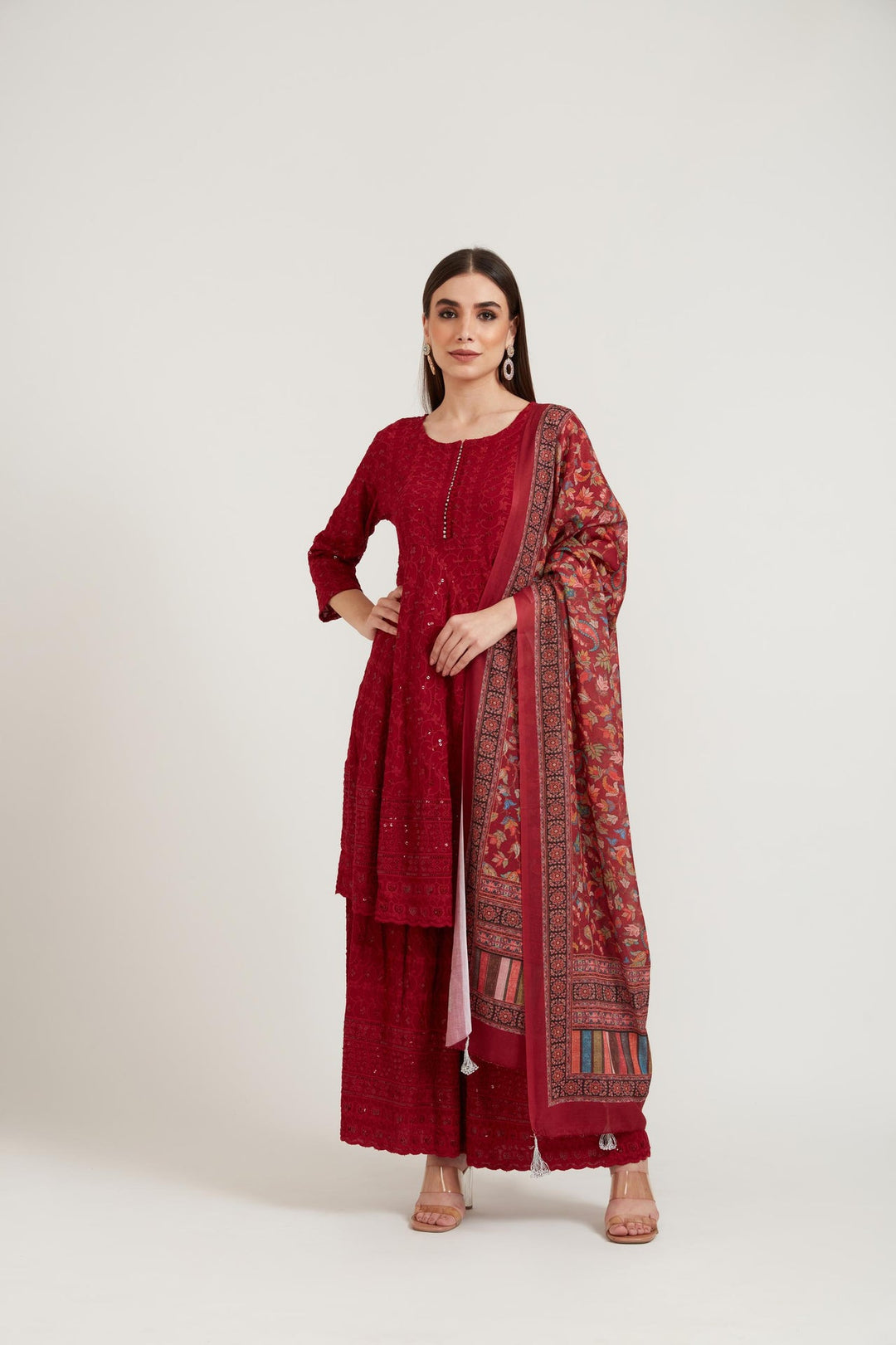 Neerus Maroon Georgette Printed Suit Set - front view