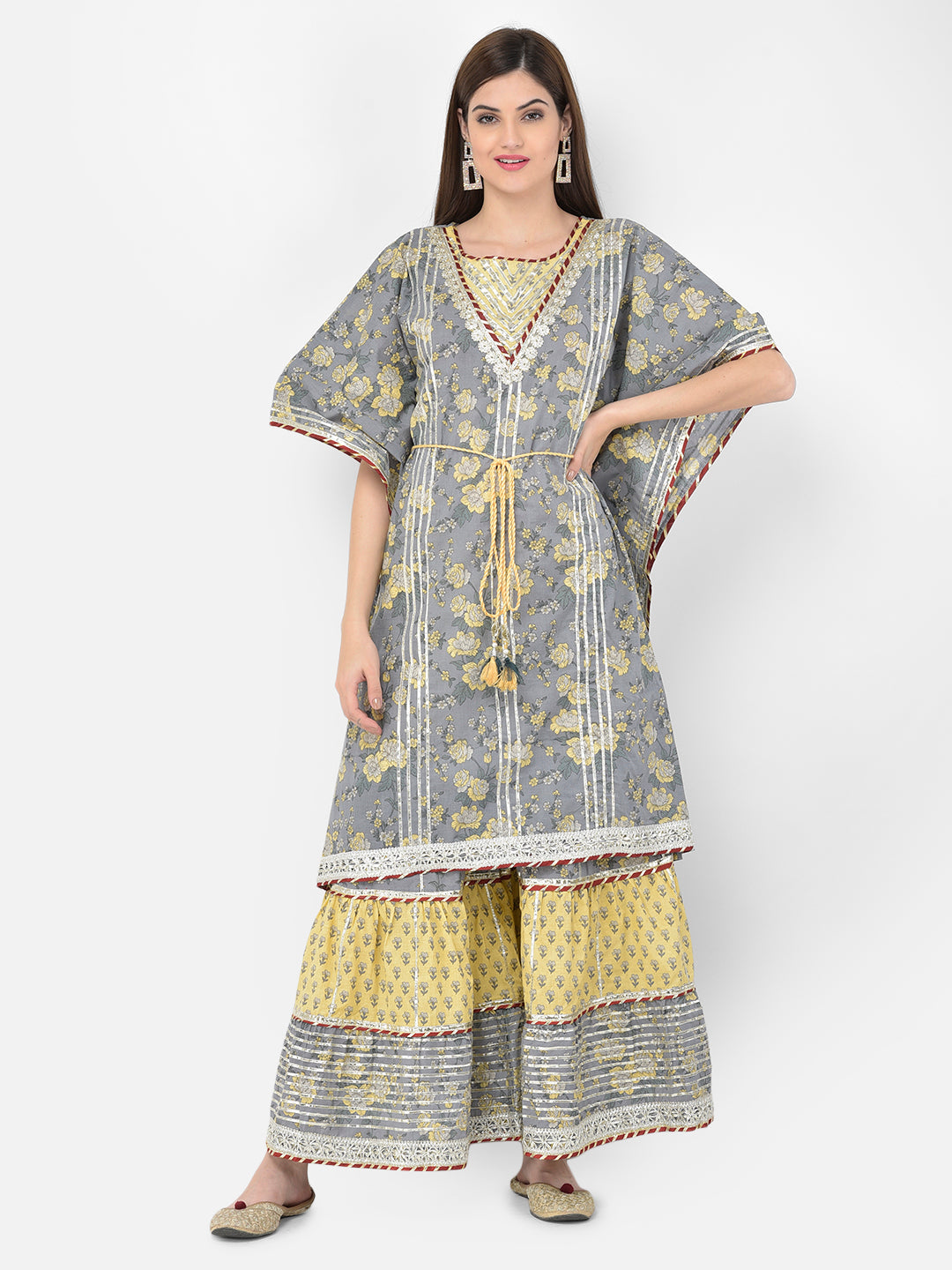 Neerus Grey cotton solid palazzo set - front view