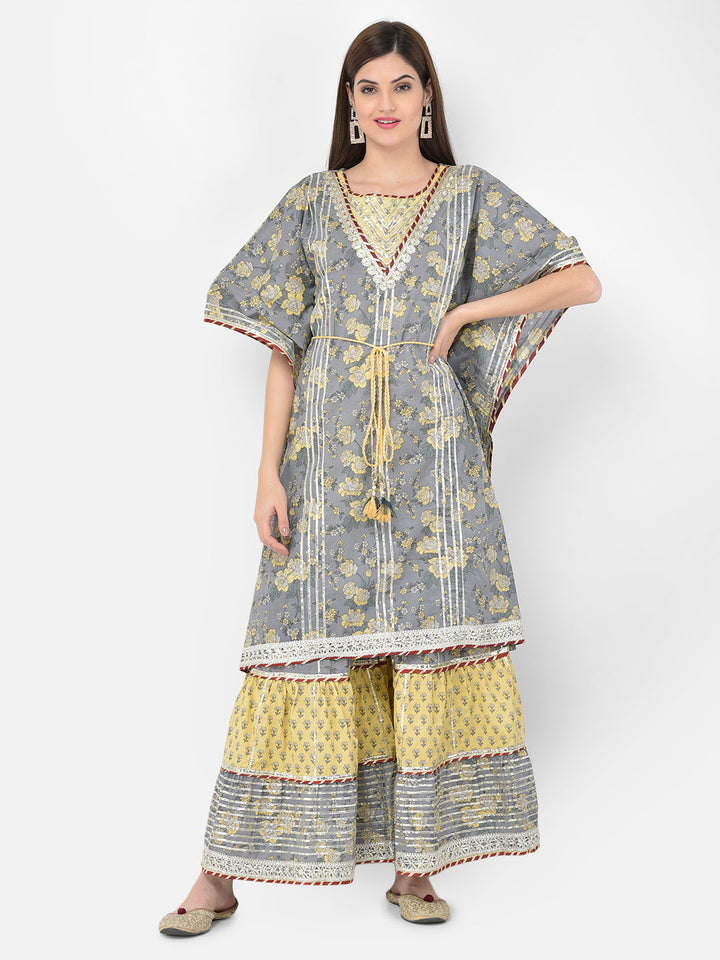Neerus Grey cotton solid palazzo set - front view