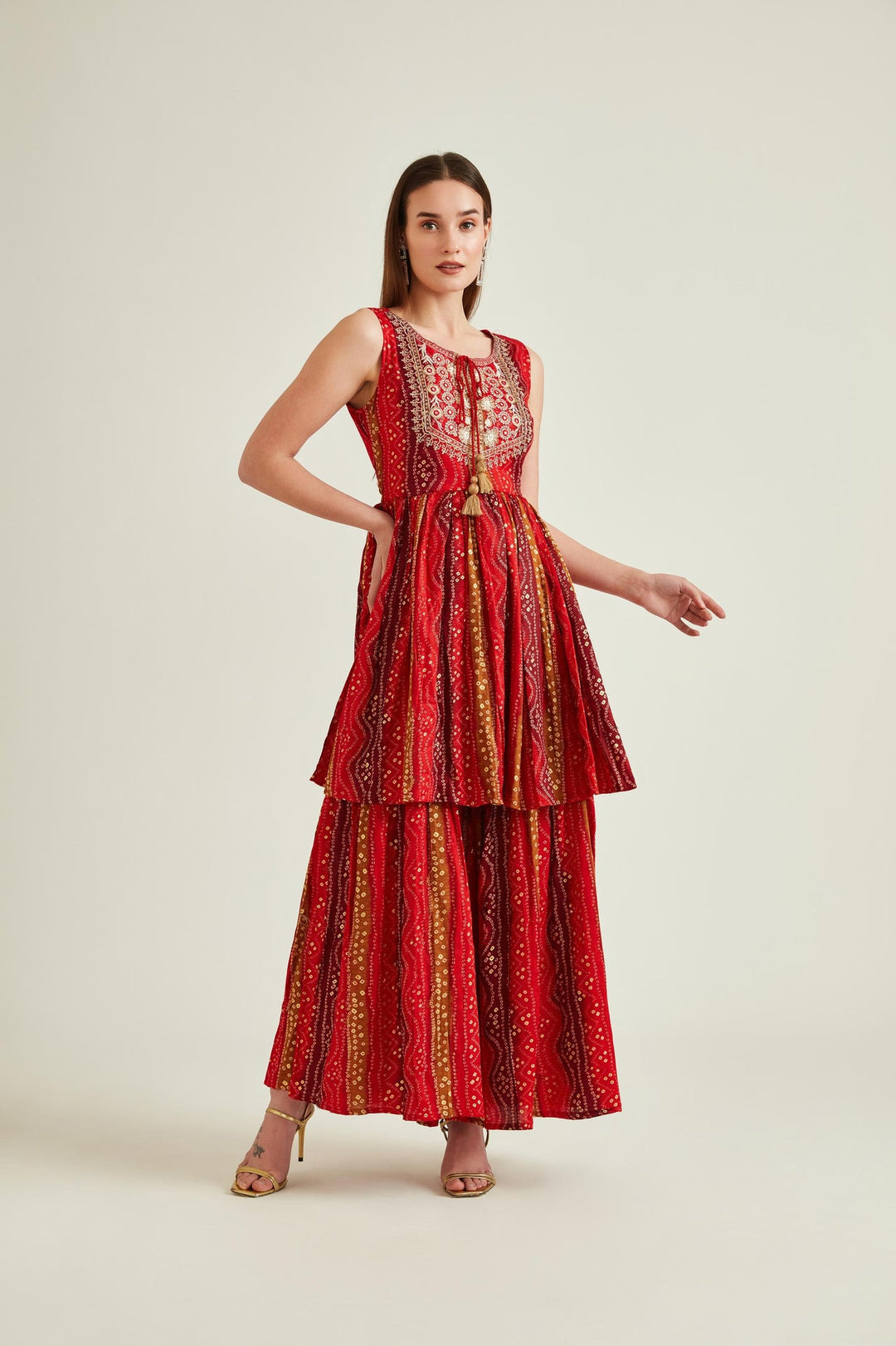 Neerus Red cotton mirror work bandhani kurta set - front view