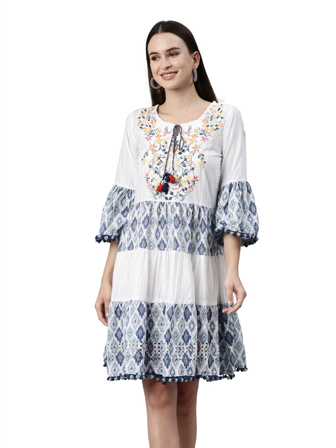 Neerus White cotton chikankari kurti - front view