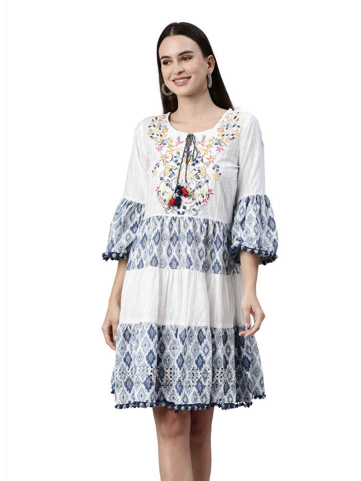 Neerus White cotton chikankari kurti - front view