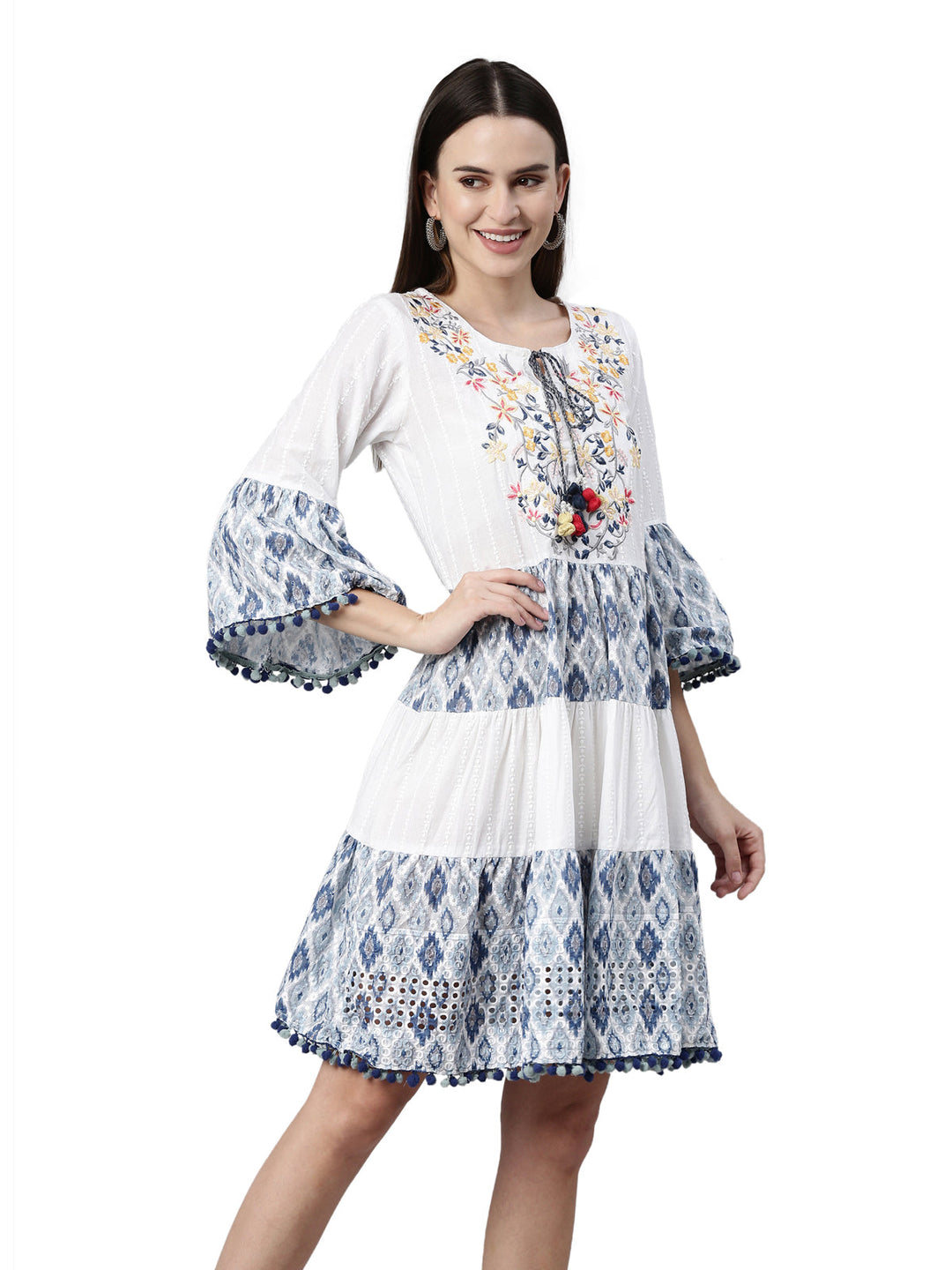 Neerus White cotton chikankari kurti - detail view 1