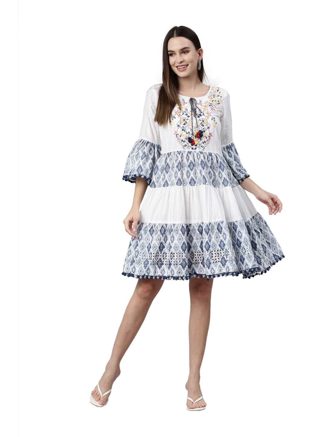 Neerus White cotton chikankari kurti - detail view 3
